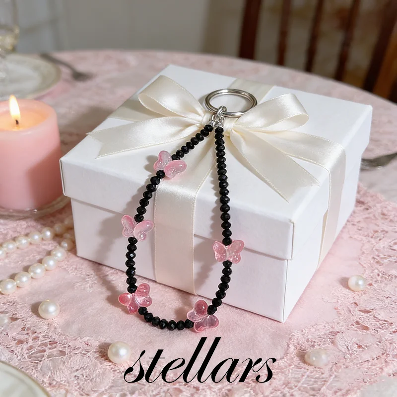 

Black Y2K Sweet-Cool Style Phone Chain Lanyard with Black And Pink Bow Premium Phone Charm Accessory for Camera