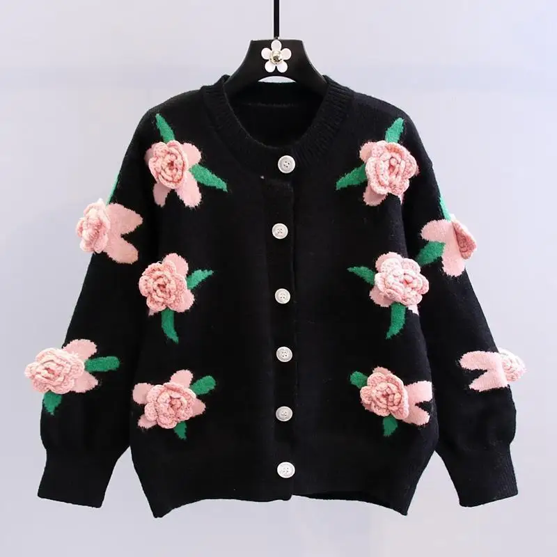 2024 Autumn Winter Women Long Sleeved Cardigan Vintage 3D Pink Flower Solid Color Knitted Cardigan Women Casual Loose Y2k Coat