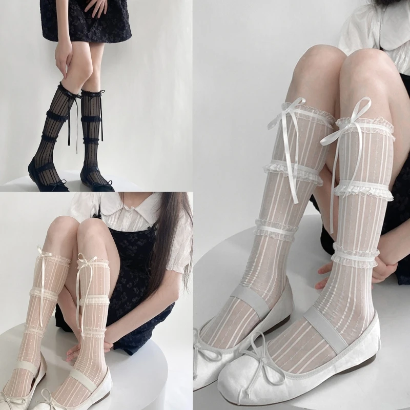 

Womens Lace Calf Socks Bowknot Knee Socks Japanese Lace Stocking for Girl