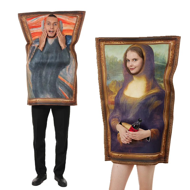 Funny Van Gogh Mona Lisa Mural Costume For Adult Unisex Sponge Jumpsuit Halloween Costume Classic Cosplay Carnival Fancy Dress