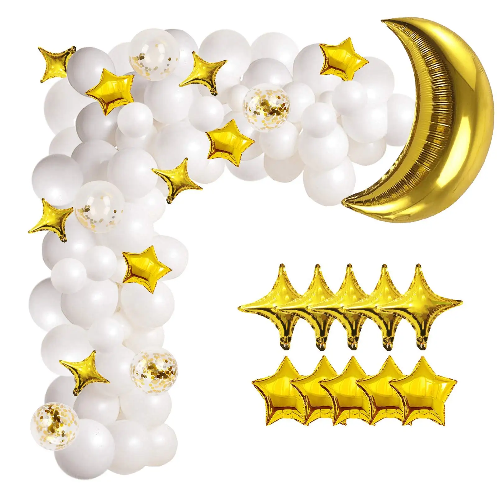 131pcs White Gold Confetti Balloons with Moon and Stars Balloon Garland for Wedding Anniversary Birthday Party Decorations