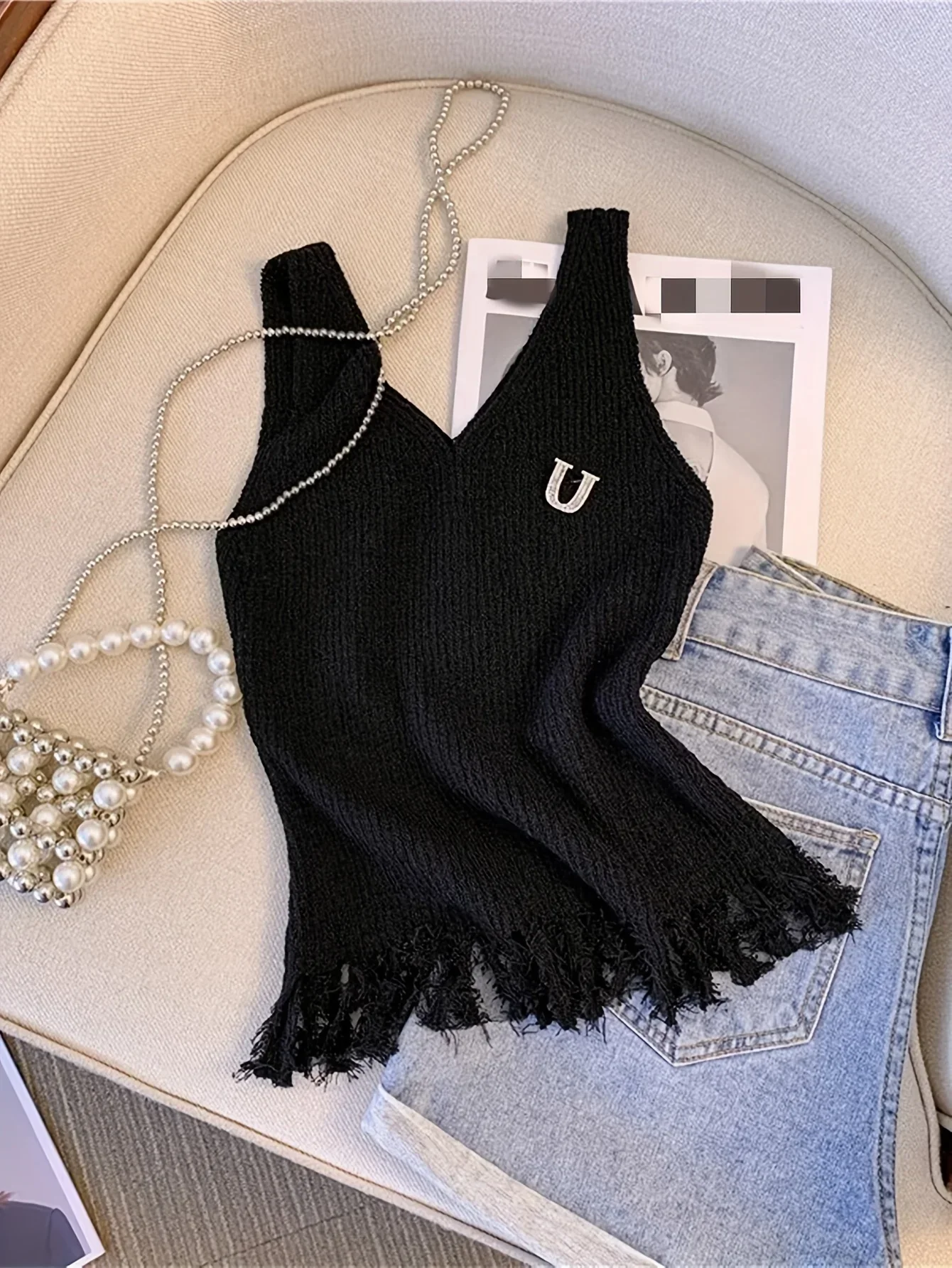 2024 Solid Tassel Hem Tank Top Knit Elastic Casual V Neck Summer Sleeveless Top Women\'s Clothing Crop Top