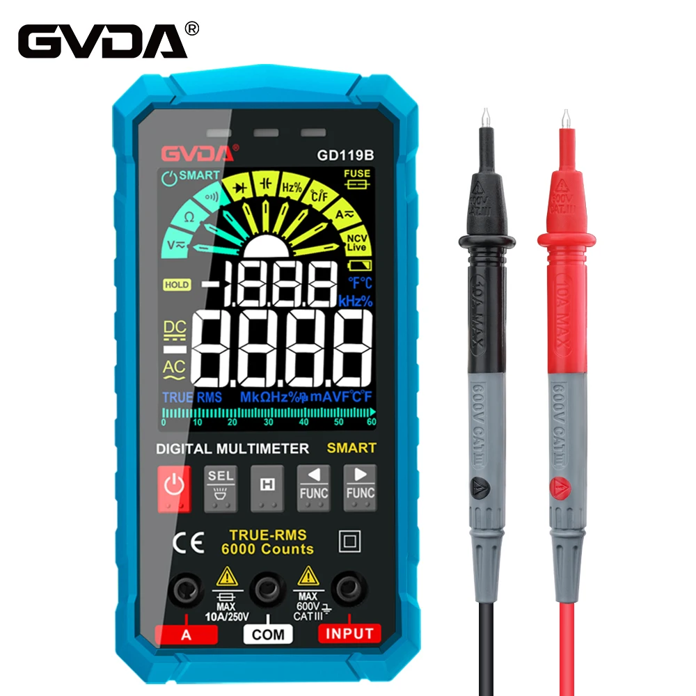 GVDA-multímetro Digital Ture RMS, 6000 recuentos, rango automático, NCV, probador inteligente, CA, CC, voltaje, capacitancia, Ohm, Hz