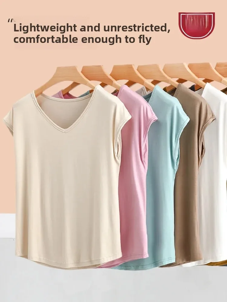 Modal Sleeveless Thin T-Shirt Women Summer New V-neck  Color Loose Fit Elastic Versatile Base Shirt Large Size Casual Style