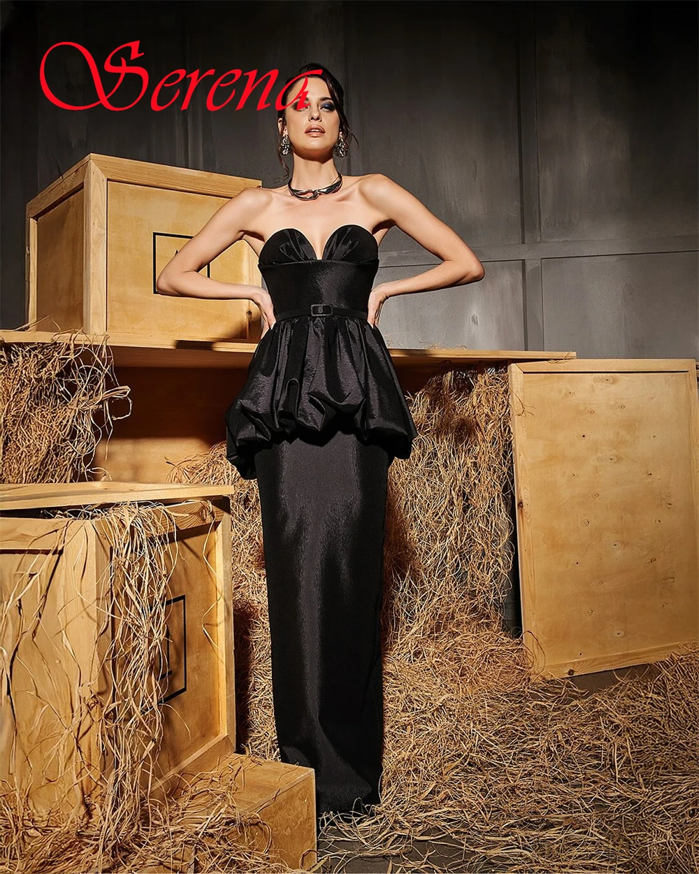 Customized Delicate Black Satin Evening Dress Exquisite Strapless Sleeveless Homecoming Dress Classic Zipper Back Party Dress