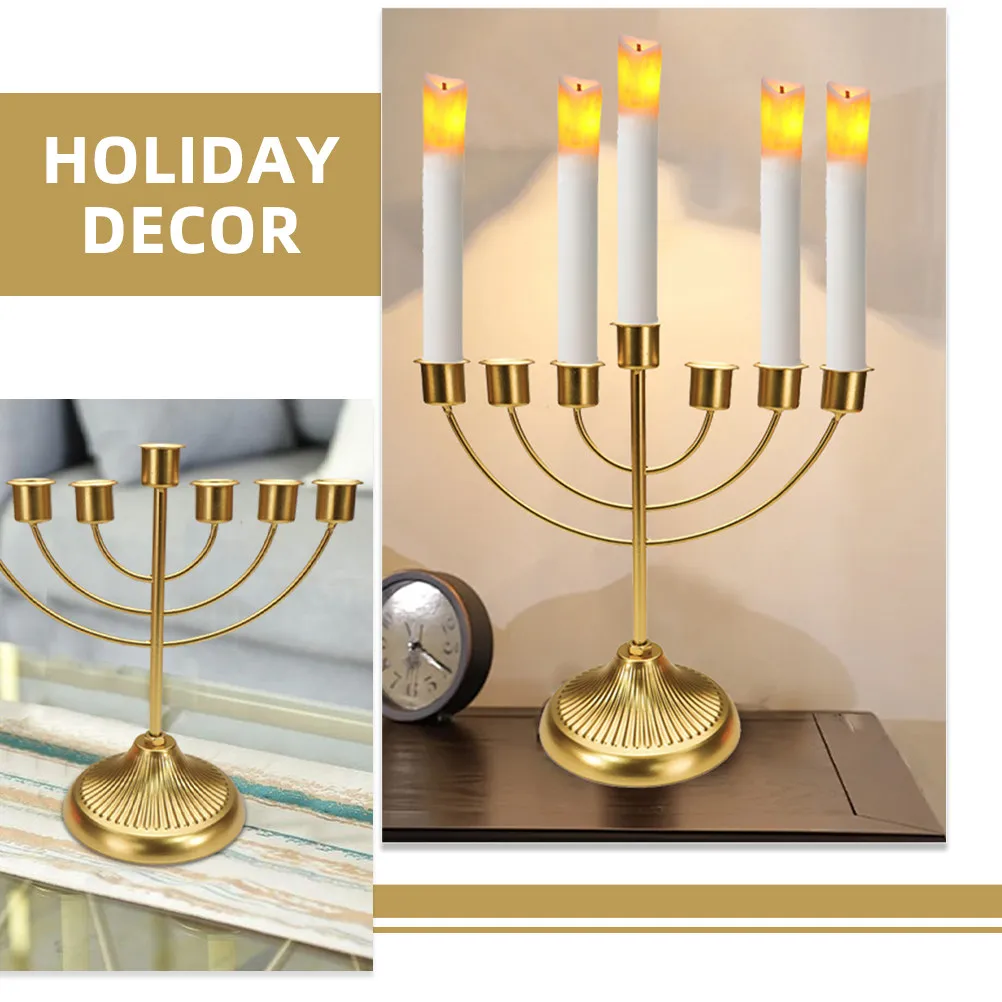 Seven-Branched Metal Stand Handcrafted Hebrew Holder for Desktop Tabletop Holiday Decor Delicate Metal Candlestick