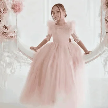 Robes à fleurs rose clair pour filles, en Tulle, avec nœud, ...