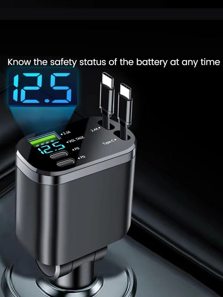 5-in-1 Einziehbares Auto-Ladegerät USB Typ C PD Einziehbares Kabel für iPhone Samsung Schnellladekabel Zigarettenanzünder-Adapter