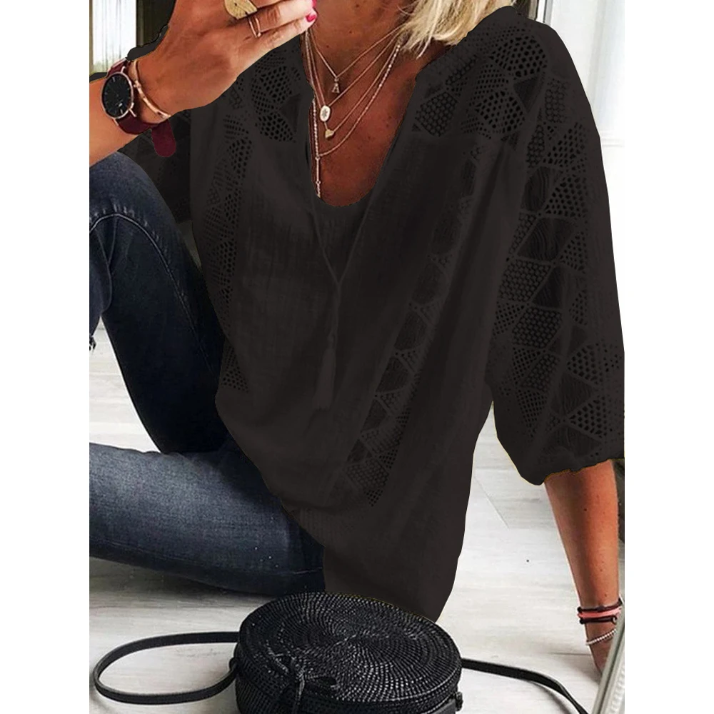 Women‘s Cotton Linen Tunic Tops V Neck 3/4 Sleeve Casual Loose T-Shirt Ladies Fashion Daily Clothing 2023