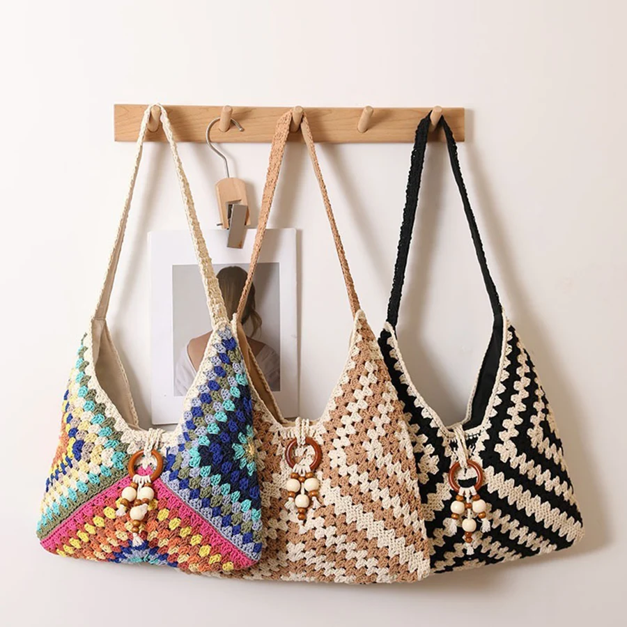 

Women Cotton Thread Weaving Clutches Top-handle Bag Large Portable Shoulder Bag Summer Beach Shopper Satchel Tote Bags Handbags