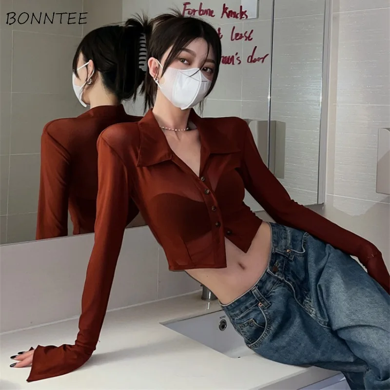 Long Sleeve Shirts Women Korean Fashion Sheer Sexy Girls All-match Streetwear Popular Ins Attractive Vintage Cropped Mujer Y2k