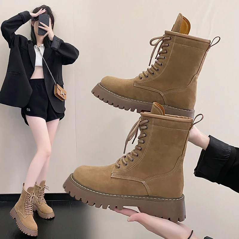 Nice New Hot Western Boots Women Shoes Leather Cow Suede Patchwork Thick Med Heel Platform Leisure Ankle Boots Ladies Shoes