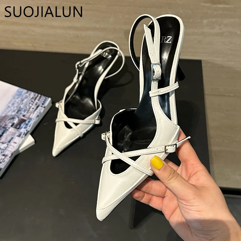 SUOJIALUN 2024 Summer New Brand Women Sandal Fashion Pointed Toe Shallow Slip On Slingback Shoes Thin High Dress Pumps Shoes