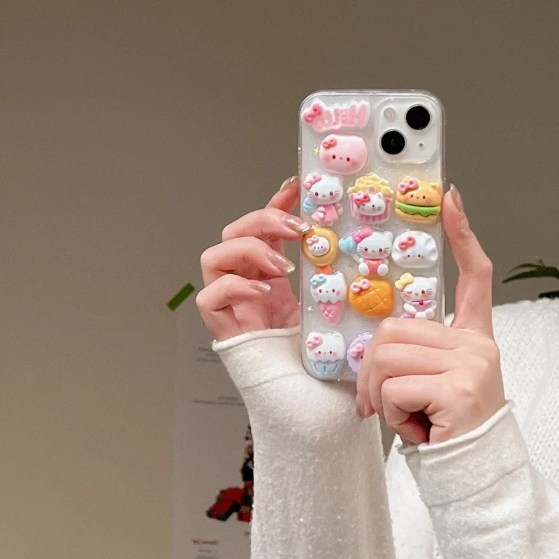 3D Stereoscopic Cute Cartoon Sanrio Hello Kitty Transparent Phone Case For iPhone 15 Pro 14 13 12 11 Pro Max Soft TPU Cover