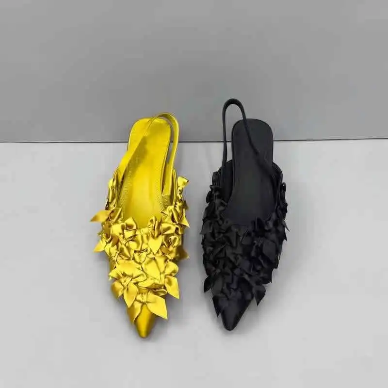 Sexy Women Bow Sandals Fashion Pointed Toe Slingback Shoes 2024 Summer New Low Heels Slides Elegant Dress Women Pumps Slipeprs