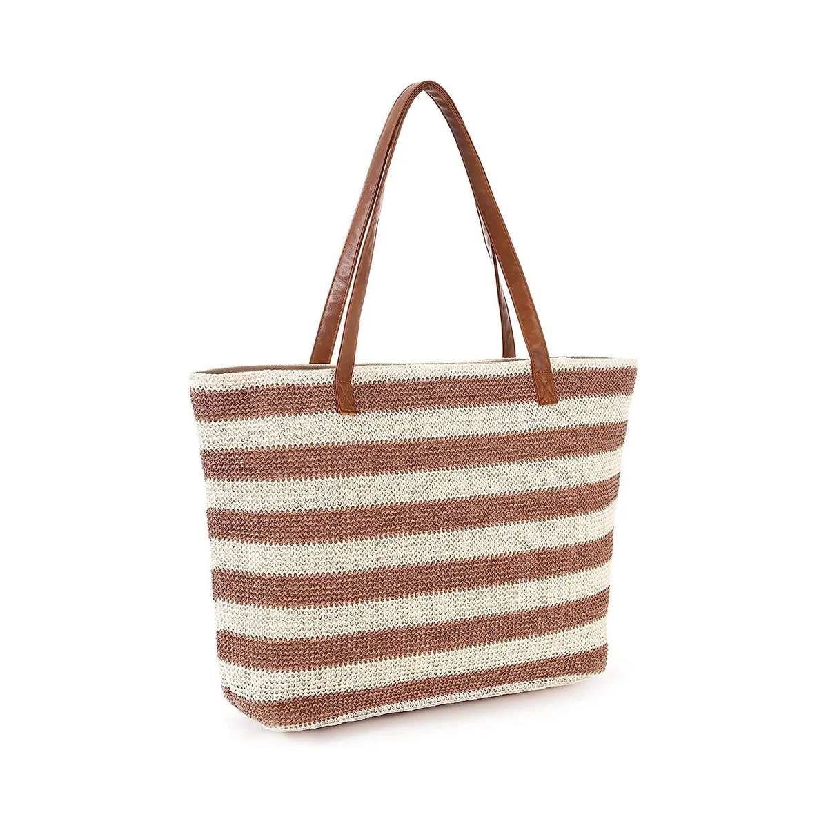 

Straw Bag Beach Tote Bag Soft Tote Bag with Zipper Beach Handbag with Stripe Woven Shoulder Bag Khaki