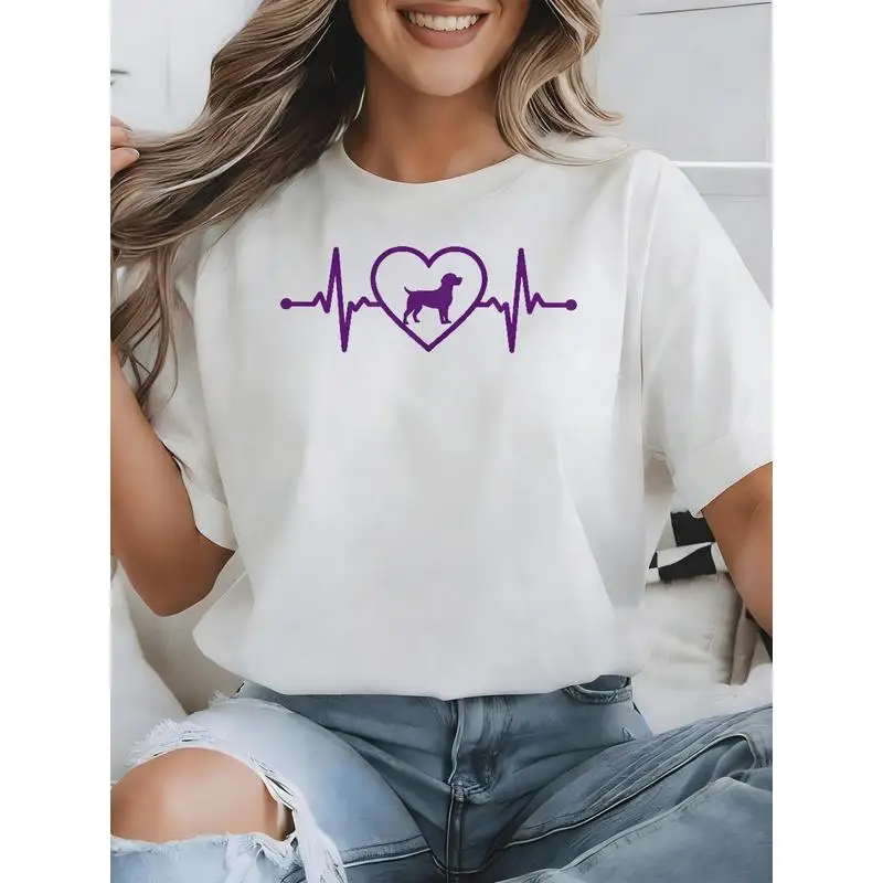 Dachshund Heartbeat ECG Graphic T Shirt Purple Heart Dog Silhouette Print Dackel Lover Pet Owner Casual Short Sleeve Tee