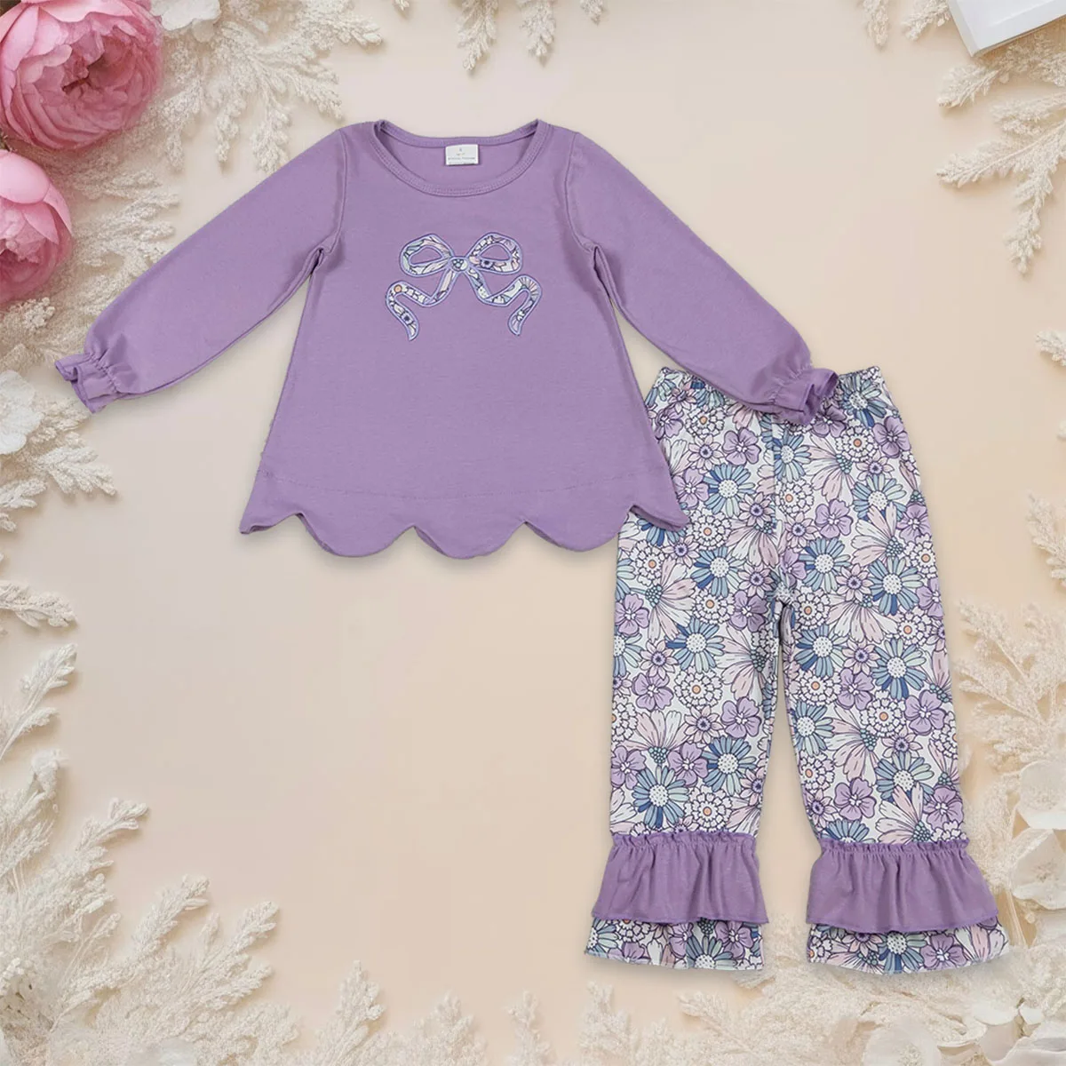 

Toddler Baby Girl Long Sleeve Embroidery Floral Bows Tunic Top Kids Set Purple Scallop Pant Clothes Outfit Children Clothing
