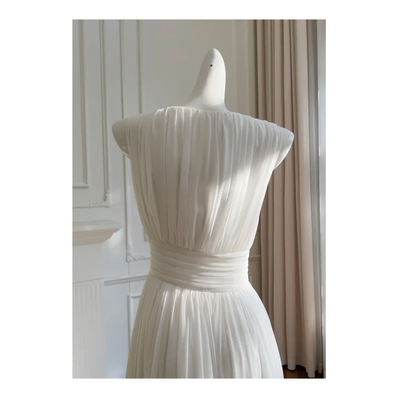VIBE Lente Zomer Franse Jurk Nieuwe Witte Mouwloze Taille-Knipperende Elegante Onregelmatige Zoom Jurk voor Vrouwen Avondfeest Jurk
