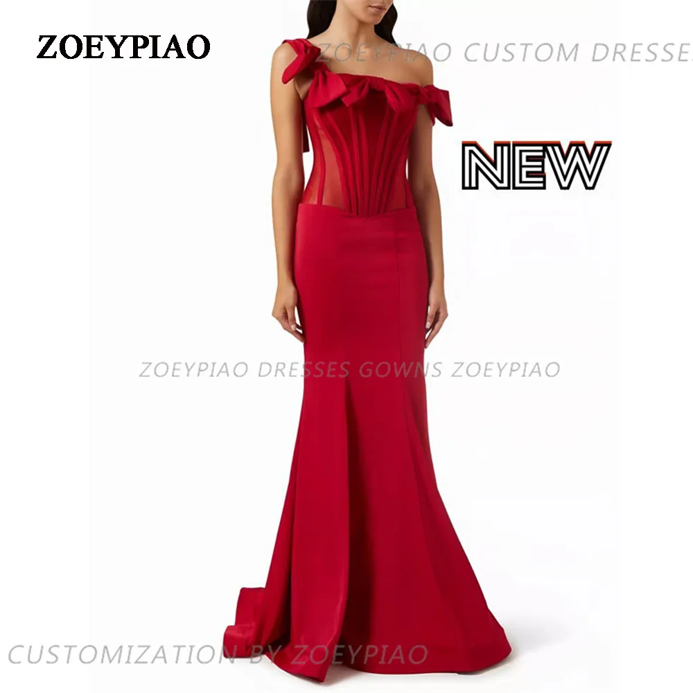 

Red Mermaid Evening Dresses Satin Side Slit Handmade Off Shoulder Women's Sleeveless Off Shoulder Princess Cocktail Party