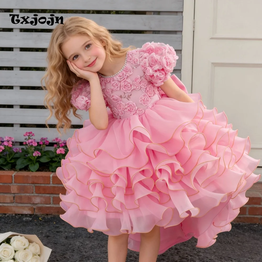 Girl's Dress 3-14 Years Old Girl's Puff Sleeve Princess Dress Long Tiered Mesh Dress Wedding Dress Flower Girl Performance Dress