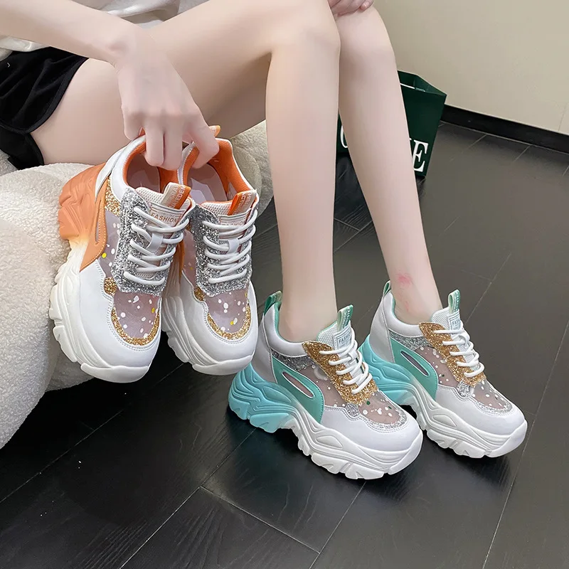White Blue Chunky Sneakers for Ladies Spring Autumn Thick Soled Dad Shoes for Ladies Fashion Mesh Platform Sneakers for Ladies