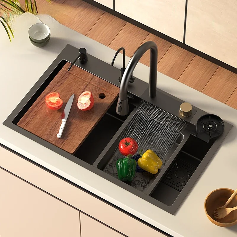 Nano Gunmetal  Sink  Kitchen SS 304 Stainless Steel Multifunctional Rainfall Faucet  Kitchen Sink With Waterfall