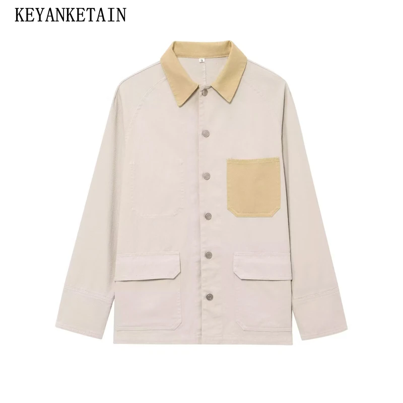 

KEYANKETIAN Autumn And Winter New Women Clothing Color Blocked Lapel Pocket Decoration Single Breasted Shirt Jacket Women Coat