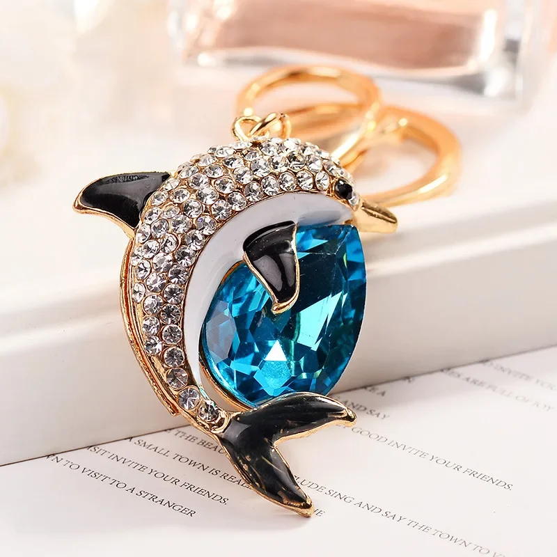 Cute Rhinestone Crystal Blue Water Drop Dolphin Keychain Marine Animal Key Chain Key Ring Holder Pendant Keyring