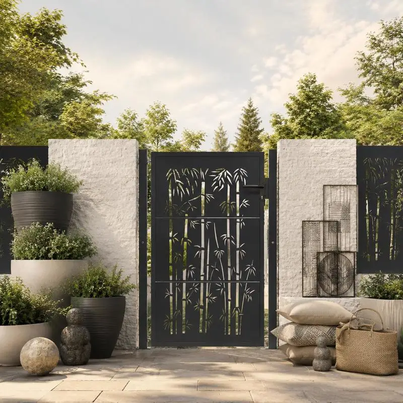 Portail de jardin anthracite 105x130 cm en acier, design bambou, pour entrée extérieure, idéal pour clôture de jardin et gestion de l'accès.
