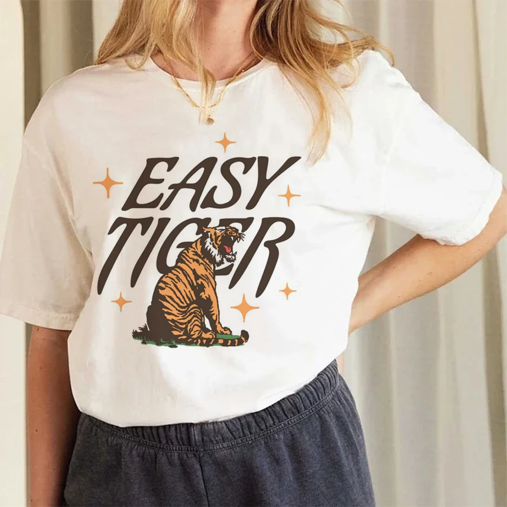 Vintage Easy Tiger Roar Animal Printing Female T-Shirts Personality Street Short Sleeve All-math Soft Tee Clothing Casual Breath