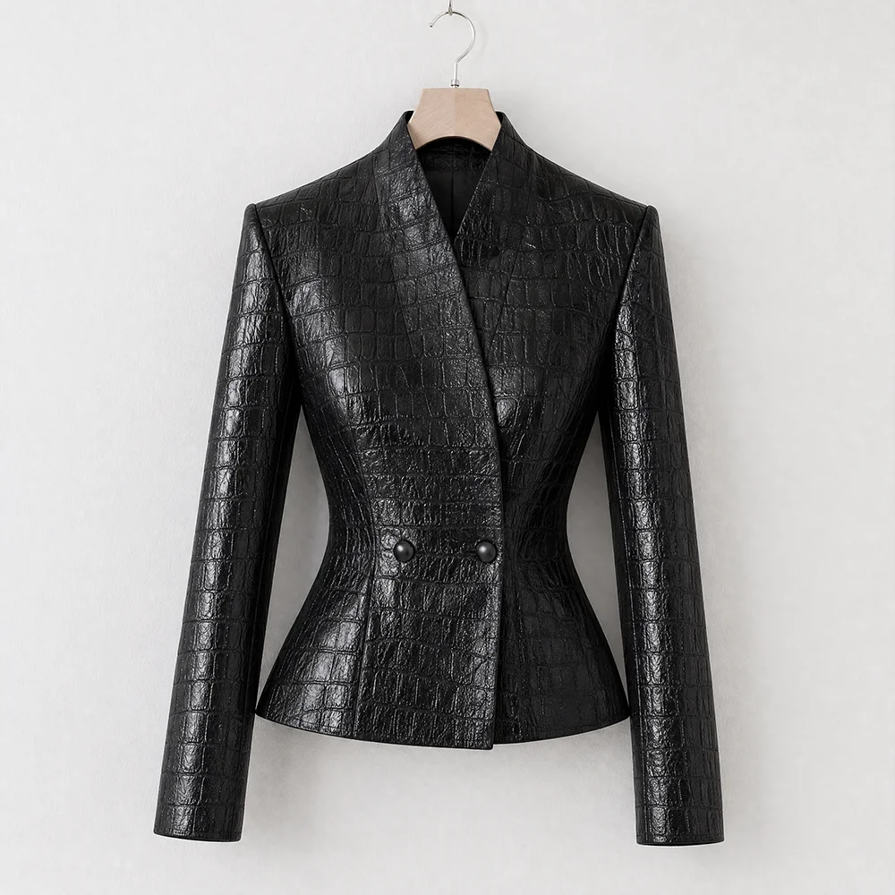 Women Crocodile PU Leather Jacket Stand Collar Double Breasted Slim Peplum Blazer Office Short Outerwear Black
