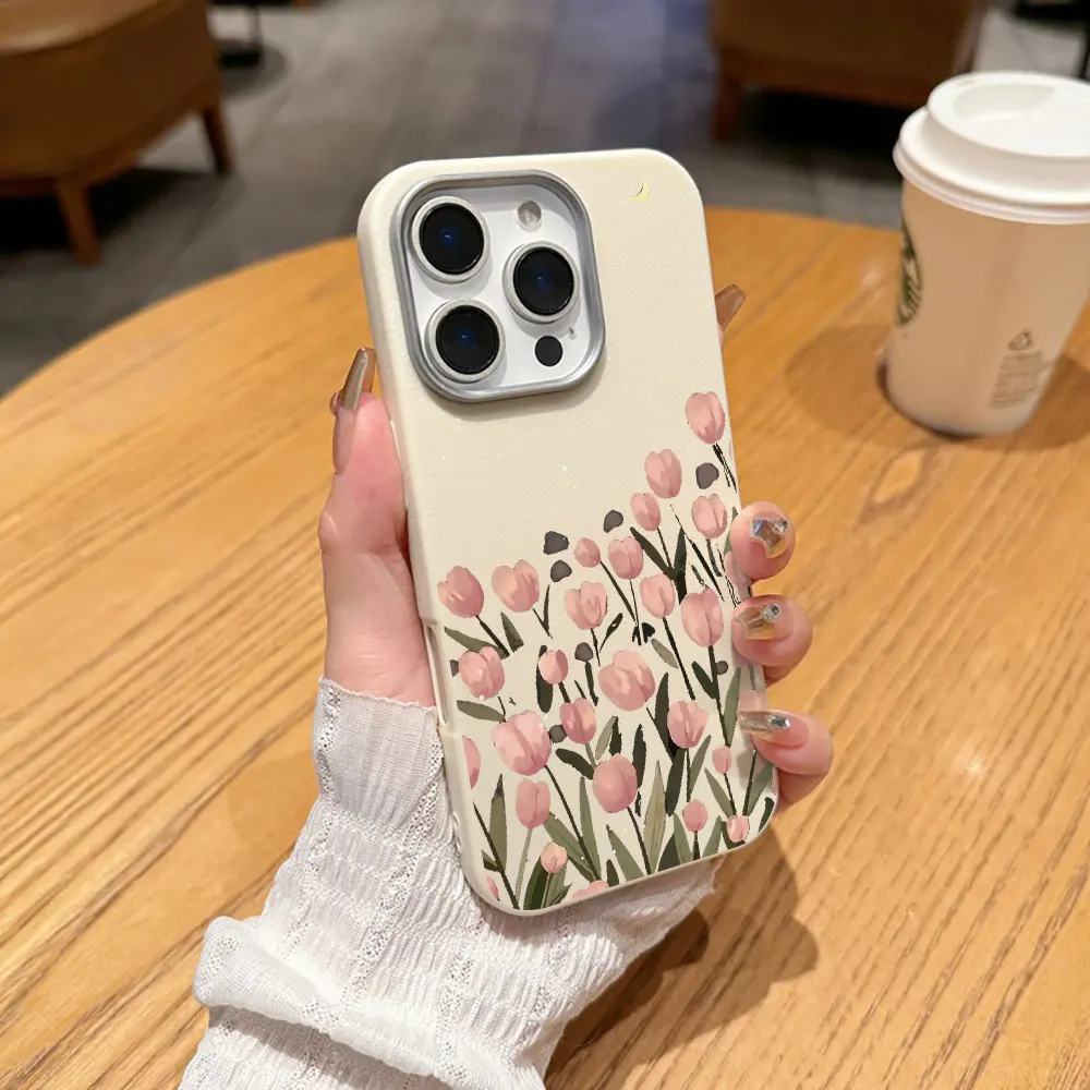 Ins Tulip Moon Phone Case For Samsung Galaxy A34 A35 A54 A55 A36 A56 5G S26 S25 S24 Ultra S23 S22 S21 Plus FE Soft Leather Cover