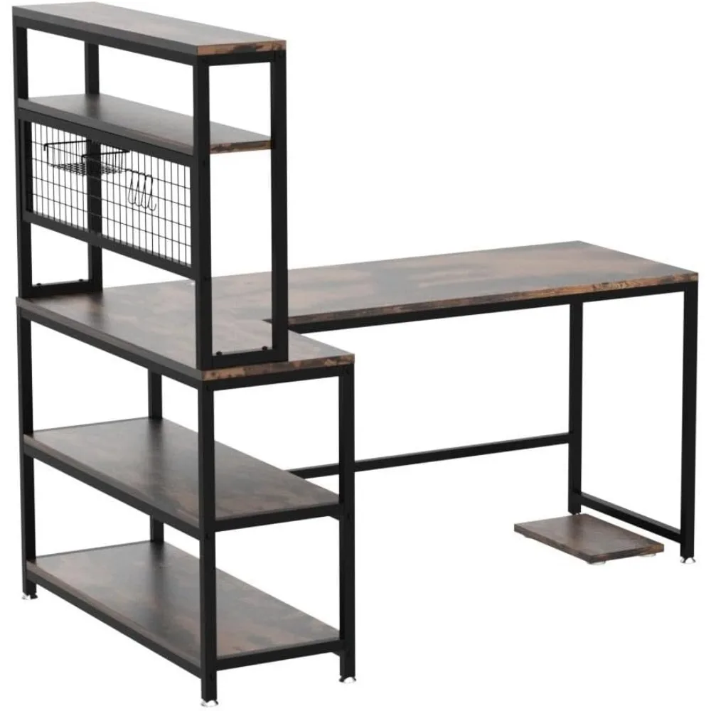 55" Large Computer Desk with Wireless Charging 5 Storage Shelves, Office Desk Study Table Writing Desk Workstation