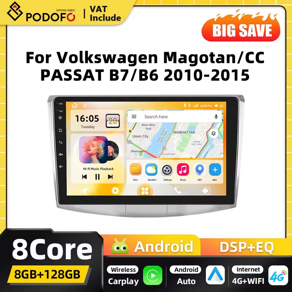 Podofo Carplay 2DIN Android Autoradio Multimedia-Player für Volkswagen Magotan CC PASSAT B7 B6 2010-2014 GPS 4G WIFI FM RDS