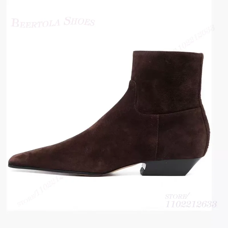 Ankle Black Leather Short Boots Women Work Daily Pointed Toe Low Heel Calf Booties Summer Suede Chunky Heel Flat Modern Shoes