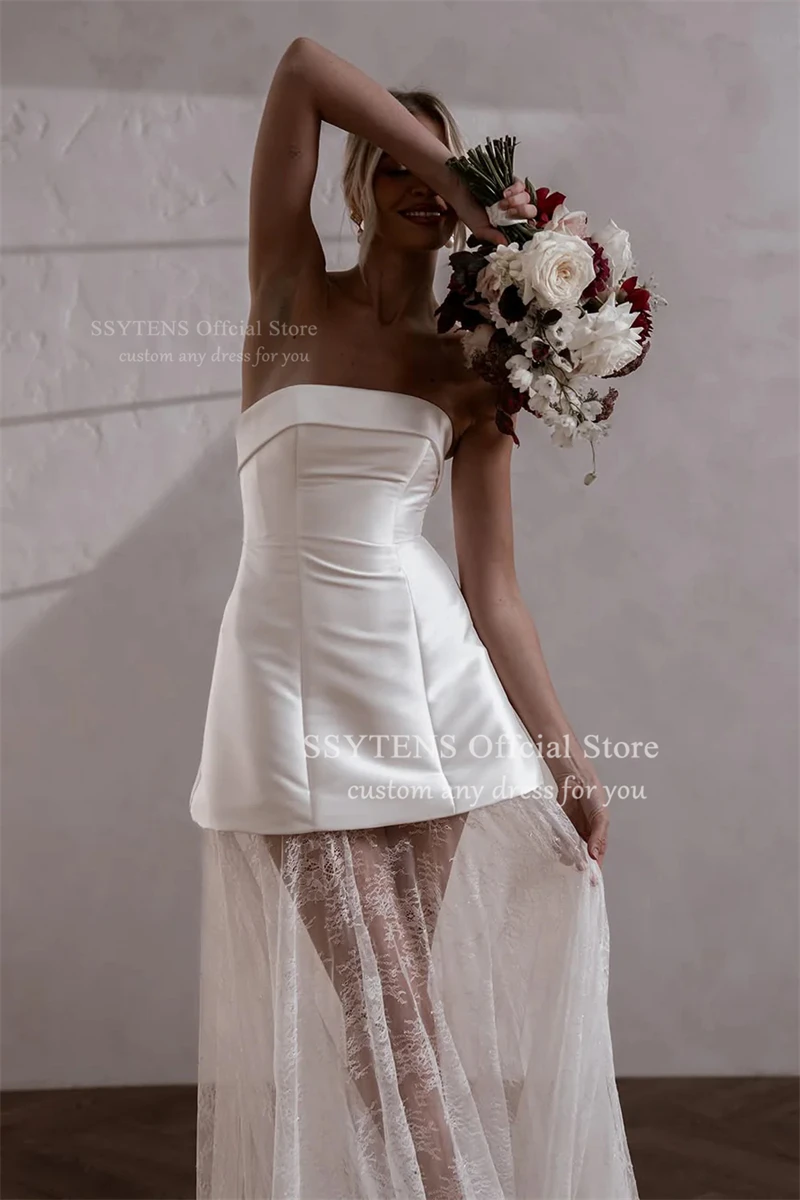 SSYTENS Elfenbein-Satin, kurze Brautkleider, trägerlos, Spitze, A-Linie, formelle Ballkleider, ärmellos, sexy Brautkleid für Damen, individuell gestaltet
