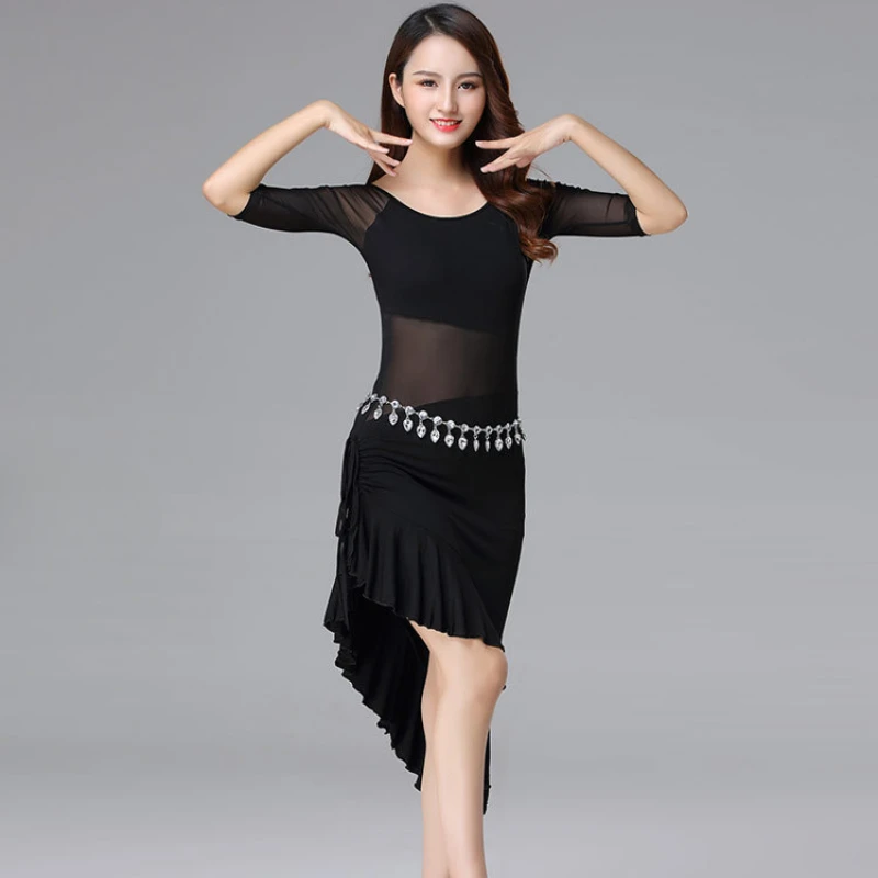 Latin dance dress female adult performance medium sleeved modal sexy dance set training suit fringe sexy dress