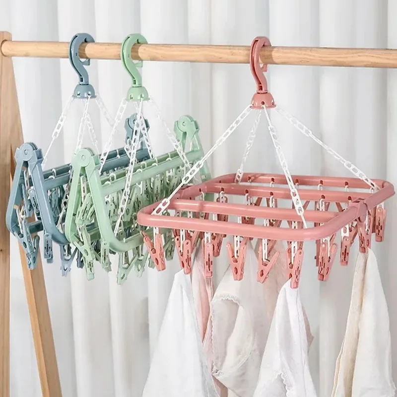 

Clothes Drying Hanger With 32 Clips Foldable Socks Bras Towel Hanging Rack Windproof Underwear Hat Scarf Baby Clothes Hanger