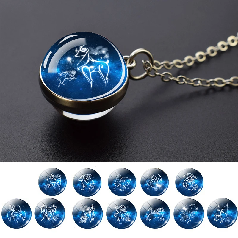 Regalo de cumpleaños 12 constelaciones collar de astrología signo del zodiaco Aries Tauro Géminis Cáncer Leo Virgo Libra colgante de bola de cristal