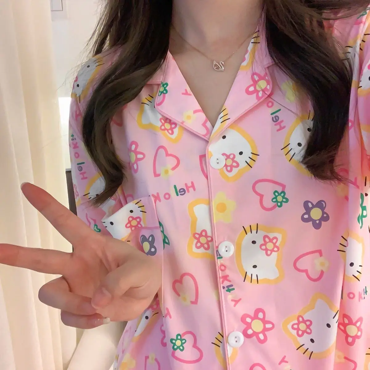 

Lovely Hello Kitty Y2K Pajamas Summer Sanrio Kawaii Anime Girls Short-Sleeved Shorts Cartoon Cute Student Thin Clothes Kid Gift