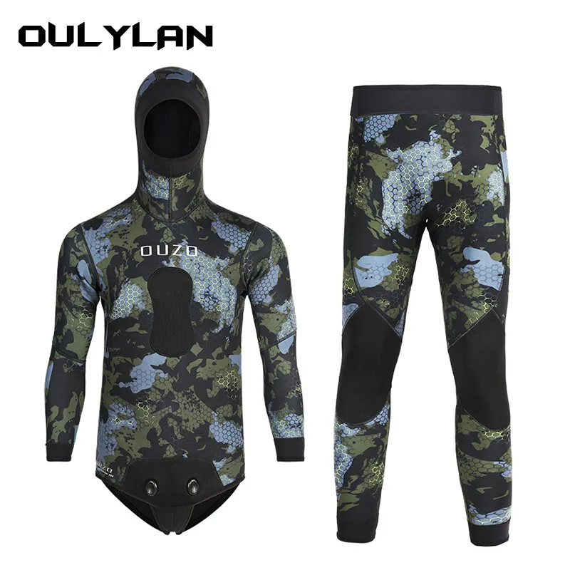 Oulylan 5mm Neoprene Men's Camouflage Wetsuit Hooded 2 Pieces Long Sleeve Fission Submersible For Men Keep Warm Diving Suit