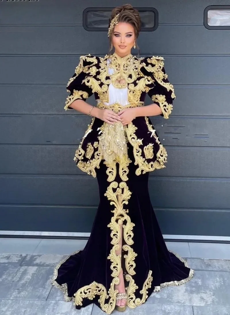 Lila marokkanischer Kaftan, muslimische Abendkleider, Meerjungfrau, Halbarm, Spitze, Perlen, Dubai, Arabisch, Abaya, islamisches Kleid, individuell gestaltet