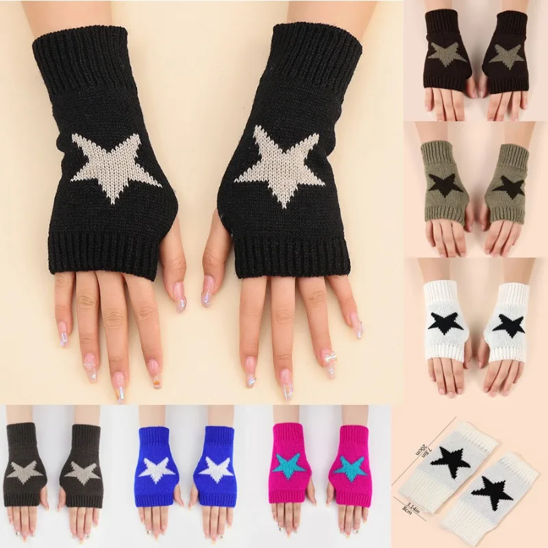 Stylish Knitted Gloves Half Finger Star Gloves Winter Warm Wool Pentagon Soft Hand Fingerless Emo Gloves Preppy Mittens