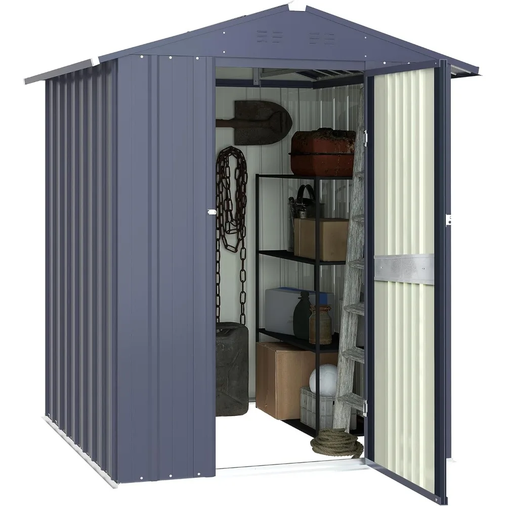 

4 x 4 FT Outdoor Storage Shed, Galvanized Metal Garden Tool Shed, Patio Furniture Storage House with Double Slooping Roof, Lock