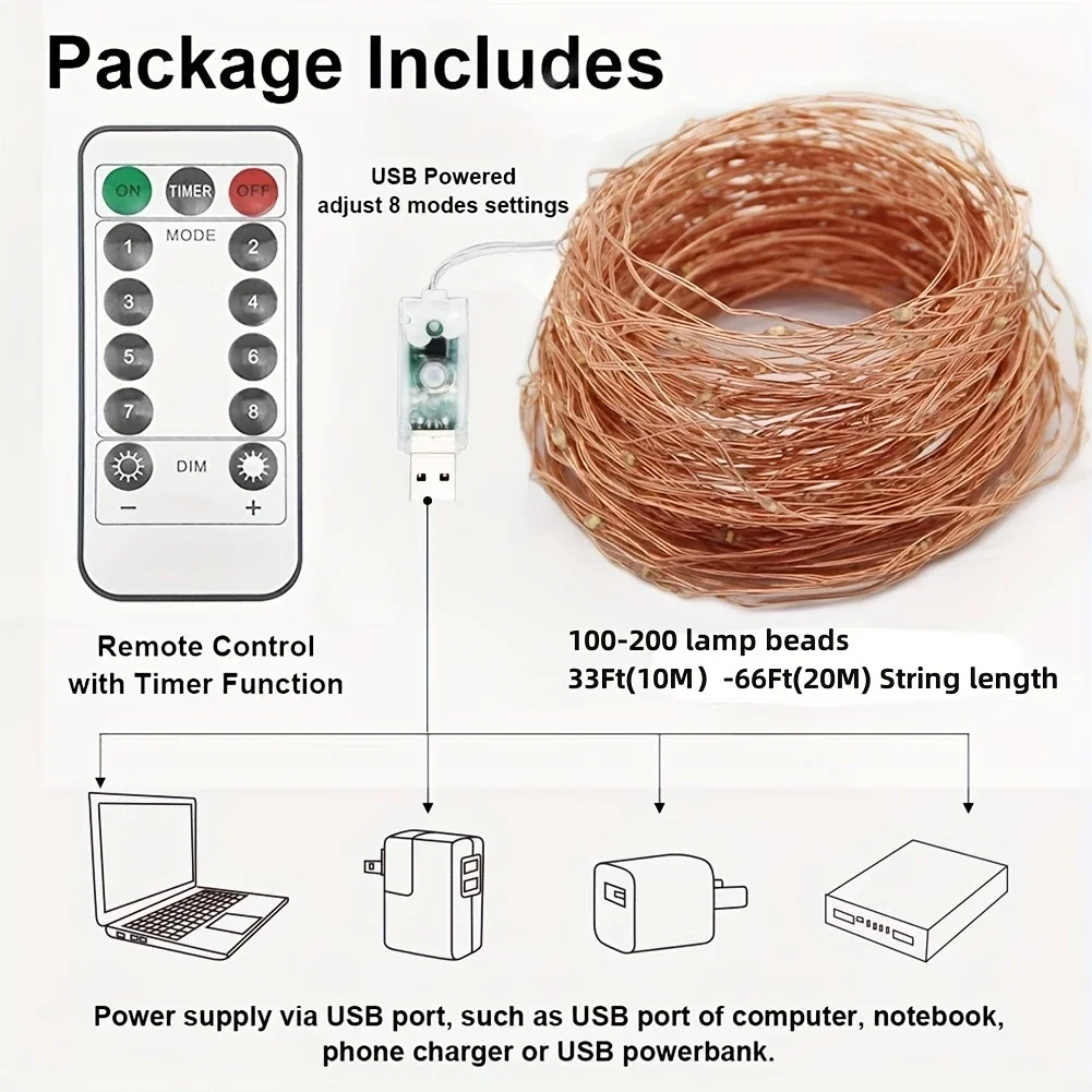 Star USB Fairy String Lights | 66FT 200LED, 33Ft 100 LED | Sliver Wire, Copper Wire | 4 Colors Changing, 8 Lighting Modes, Remot