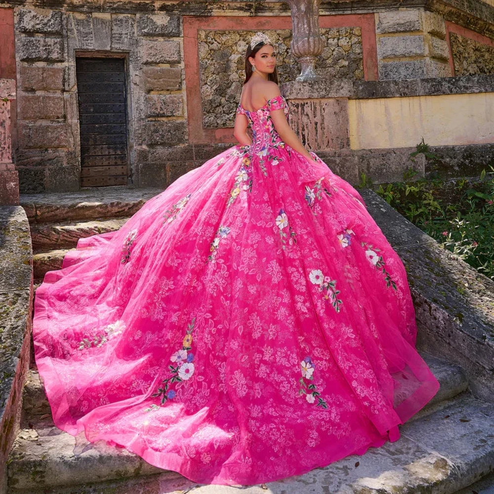 Colorful Flowers Chic Ball Gown Quinceanera Dress Shiny 15 16 Birthday Lace Up No Gloves Evening Dress Customized Sweet Party