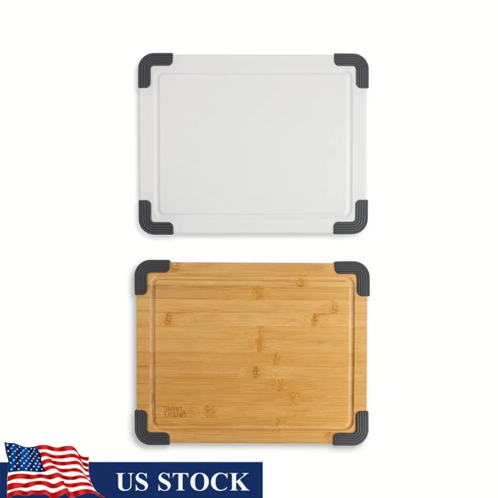 

2-Piece Non-Slip Cutting Board Set with Juice Wells Poly and Bamboo Kitchen Boards Chopping Slicing Serving Durable Easy Clean