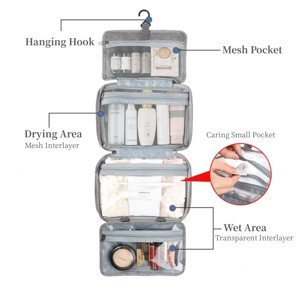 กระเป๋าจัดระเบียบเครื่องสำอางและกระเป๋าใส่เครื่องสำอางค์ห้องน้ำความจุขนาดใหญ่พร้อมตะขอแขวนกันน้ำกระเป๋าผ้าอ้อมเดินทาง