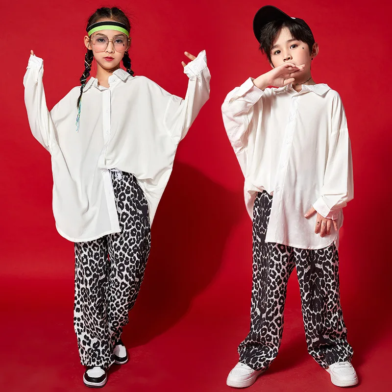 Wit overhemd voor kinderen Dunne zonnebrandcrème Outfit Street Dance Drape Shirt Luipaardprint Broek Hiphop Losse prestaties Jazz Dan